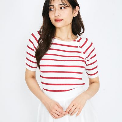 ＜QUEENS COURT（Women）＞パール釦ボーダーリブニットトップス≪手洗い可能≫