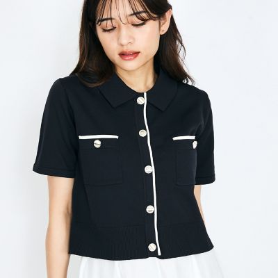 ＜QUEENS COURT（Women）＞配色ラインポロ襟ニットカーディガントップス≪手洗い可能≫