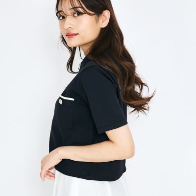 配色ラインポロ襟ニットカーディガントップス≪手洗い可能≫