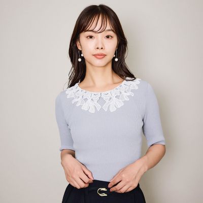 ＜QUEENS COURT（Women）＞リボンレースカラーリブニット≪手洗い可能≫