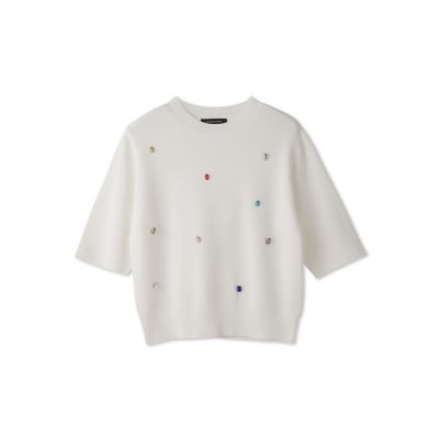 ＜QUEENS COURT（Women）＞カラービジューハーフスリーブニット