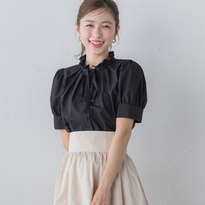 フリルネックリボンブラウス≪洗濯機で洗える≫
