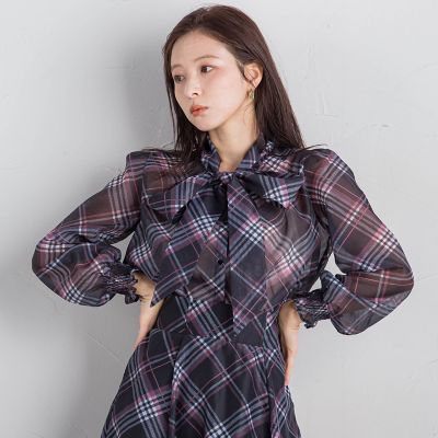 シアーチェックブラウス≪手洗い可能／セットアップ対応≫