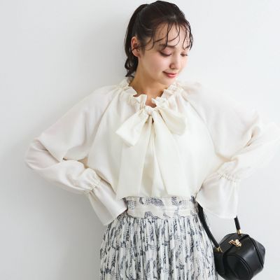 フィブリルサテンリボンタイブラウス≪手洗い可能≫