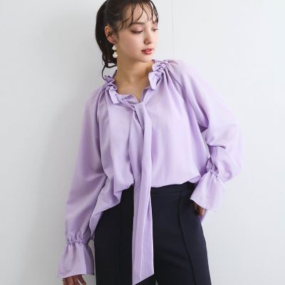 フィブリルサテンリボンタイブラウス≪手洗い可能≫