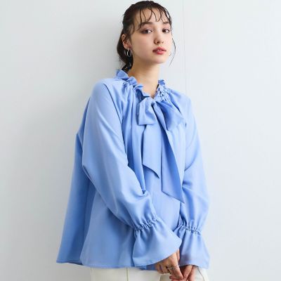 フィブリルサテンリボンタイブラウス≪手洗い可能≫