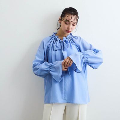 フィブリルサテンリボンタイブラウス≪手洗い可能≫