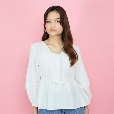 サッカーリボンディティールブラウス≪セットアップ対応／手洗い可能≫