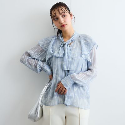 ラメストライプラッフルタイブラウス≪手洗い可能≫
