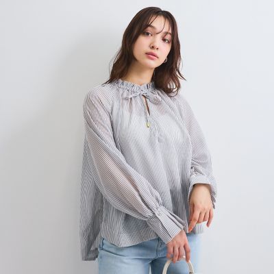 シアーコードストライプギャザーブラウス≪セットアップ対応／手洗い可能≫