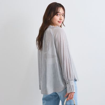シアーコードストライプギャザーブラウス≪セットアップ対応／手洗い可能≫