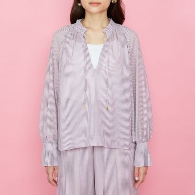 シアーコードストライプギャザーブラウス≪セットアップ対応／手洗い可能≫