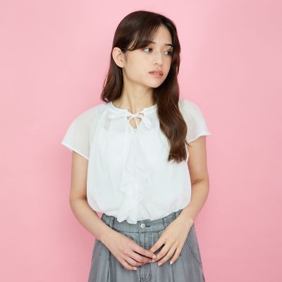 シアーストライプリボンブラウス≪セットアップ対応／手洗い可能≫