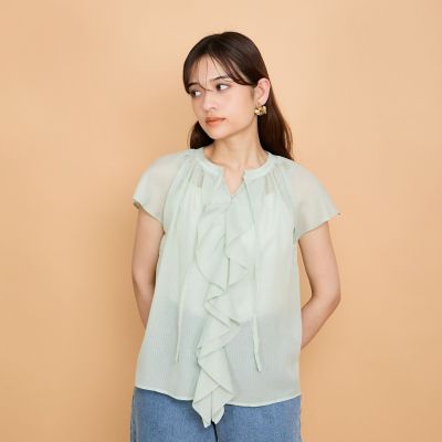 シアーストライプリボンブラウス≪セットアップ対応／手洗い可能≫