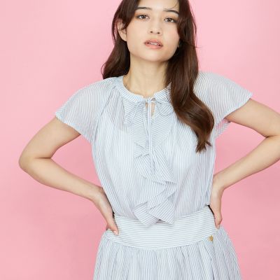 シアーストライプリボンブラウス≪セットアップ対応／手洗い可能≫