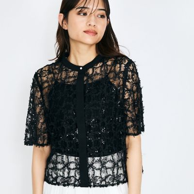 ＜QUEENS COURT（Women）＞スパンコールチュールブラウス≪手洗い可能≫