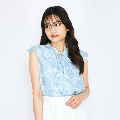 リボンフラワー柄フリルブラウス≪手洗い可能≫