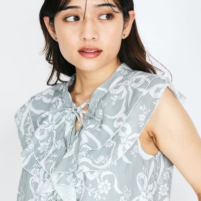リボンフラワー柄フリルブラウス≪手洗い可能≫
