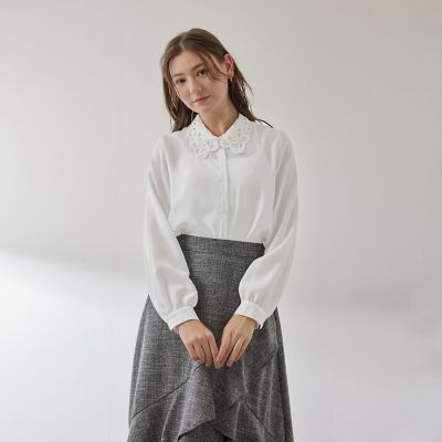 ❤【ロメオジリ】✨美品　ブラウスジャケット　フォーマル　グレー茶　M　春夏 モスクレープレースカラーブラウス | QUEENS COURT（Women