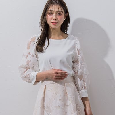 【大きいサイズ】袖シアーラインフラワープルオーバー≪手洗い可能／セットアップ対応≫
