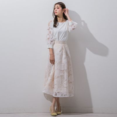 【大きいサイズ】袖シアーラインフラワープルオーバー≪手洗い可能／セットアップ対応≫