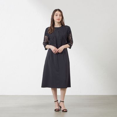 リネンライクポリエステルワンピース レースボレロセット | AMACA