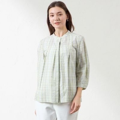 ＜AMACA (Women)＞レオファインチェック　スタンドカラーシャツ