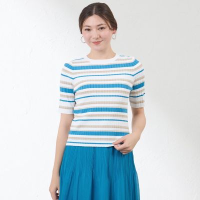 ＜AMACA (Women)＞マルチボーダー　ニットＴ