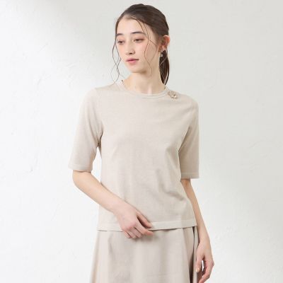 ＜AMACA (Women)＞コットンシルクラメ　クルーネックプルオーバー