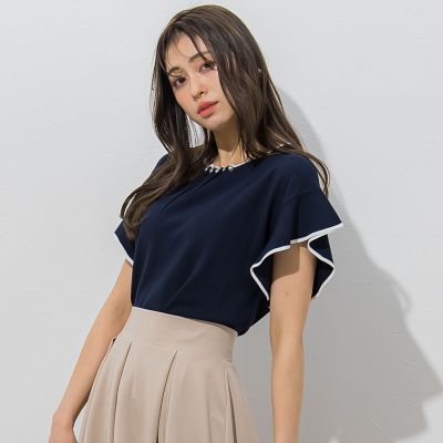 【大きいサイズ】【ＷＥＢ別注】ラッフルスリーブ配色プルオーバー≪手洗い可能／接触冷感≫