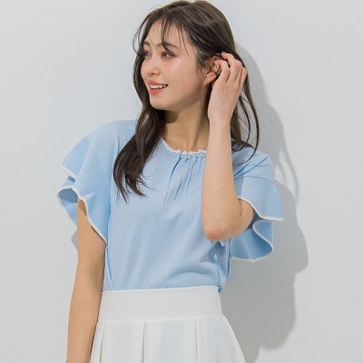 【大きいサイズ】【ＷＥＢ別注】ラッフルスリーブ配色プルオーバー≪手洗い可能／接触冷感≫