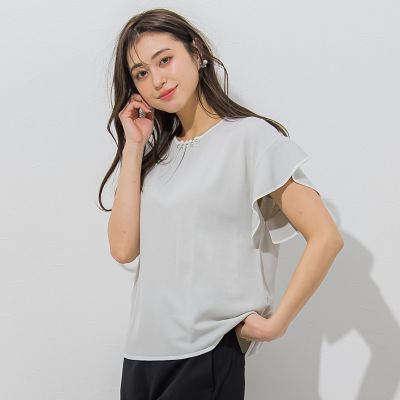 【大きいサイズ】【ＷＥＢ別注】ラッフルスリーブ配色プルオーバー≪手洗い可能／接触冷感≫