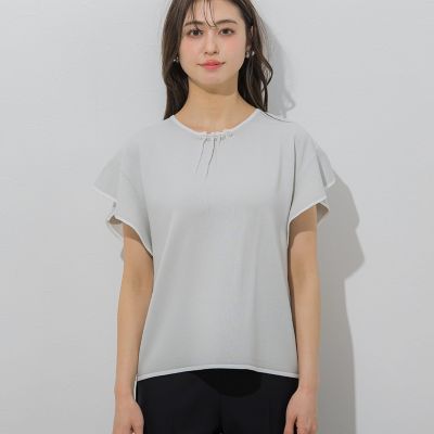 【大きいサイズ】【ＷＥＢ別注】ラッフルスリーブ配色プルオーバー≪手洗い可能／接触冷感≫