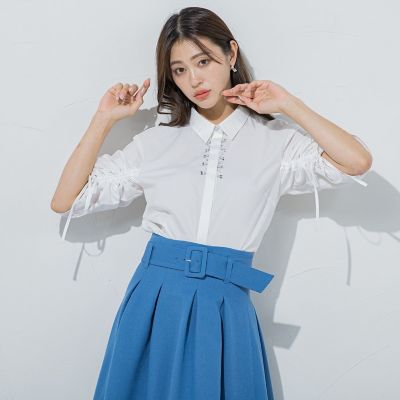 【大きいサイズ】袖シャーリングジュエルブラウス≪洗濯機で洗える≫