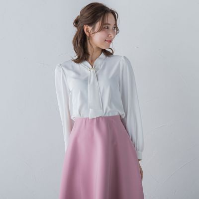 【大きいサイズ】パール付きボウタイブラウス≪洗濯機で洗える≫