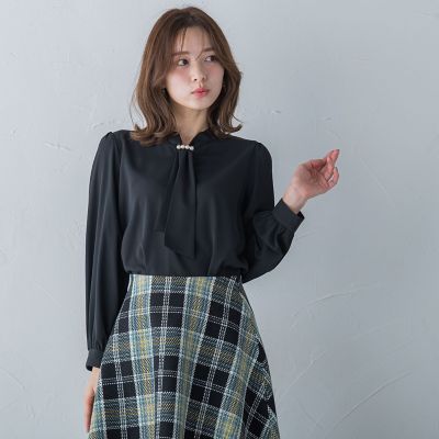 【大きいサイズ】パール付きボウタイブラウス≪洗濯機で洗える≫