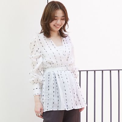 ラミーストライプドットプリント　カシュクールロングブラウス