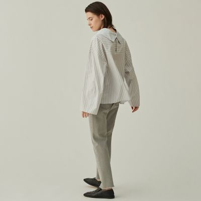 ベーシックコットンストライプ　ハイネックブラウス