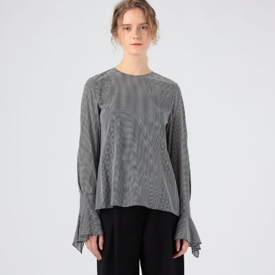 シルクストレッチシフォンチェック フレアカフスブラウス