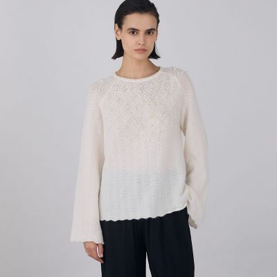 DES PRES 新品 パールレースステッチ ラグランスリーブプルオーバー 定価39600円 セーター ニット 24AW オフホワイト レディース デプレ【中古】5-1102T∞ パールレースステッチ ラグランスリーブプルオーバー | maison