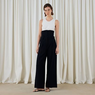 ウールジョーゼット　コルセット付きタックワイドパンツ