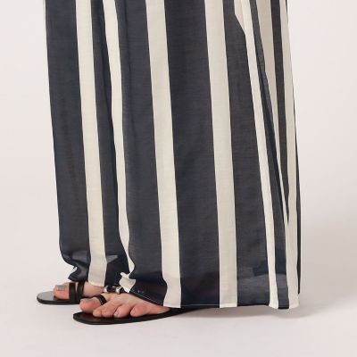 コットンシルクローンストライプ　ギャザーワイドパンツ
