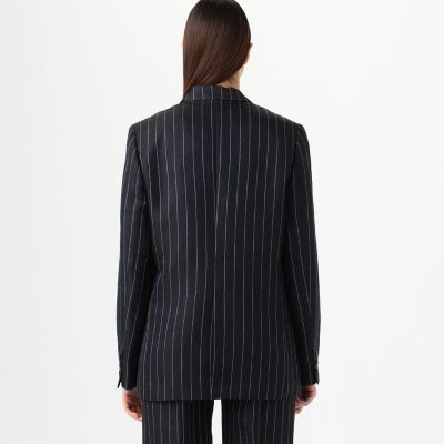 英国【Karen Millen】リネンストライプダブルブレストジャケット Linen Sparkle Stripe Tailored Double Breasted Jacket | Karen