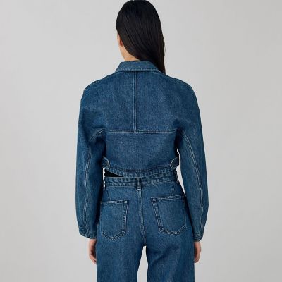 新品TOMORROWLAND コットンリネンデニム ベルテッドカバーオール　36 コットンデニム クロップドブルゾン | maison TOMORROWLAND
