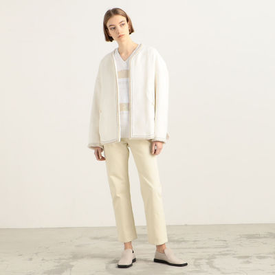 デプレ ノーカラーショートコート ヘリンボーンジャカード ノーカラー