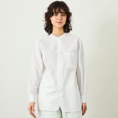 cW67 現行 MACKINTOSH PHILOSOPHY ノーカラー バンドカラーシャツ ブラウス ストライプ 比翼ボタン 長袖 ストライプド ホワイト 白 ネイビー 紺 マッキントッシュフィロソフィー cW67 現行 MACKINTOSH PHILOSOPHY ノーカラー バンドカラーシャツ