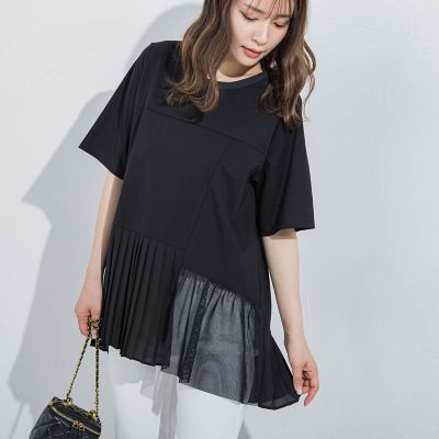＜VICKY（Women）＞再入荷【気映えトップス】メッシュプリーツドッキングＴシャツ≪手洗い可能≫