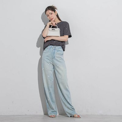 PELLICULE ストーン装飾 ライトブルーデニム ワイドレッグ 韓国で大人気】リボン×ラインストーンデニム《洗濯機で洗える