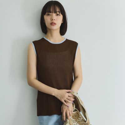 麻タッチ配色ニットノースリトップス≪手洗い可能≫