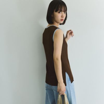 麻タッチ配色ニットノースリトップス≪手洗い可能≫